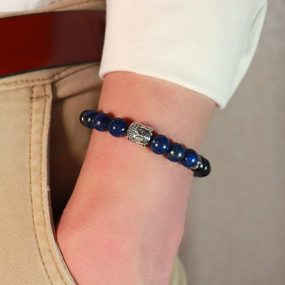 Bracelet Bouddha en Perles de Bois noir et Lapis Lazuli