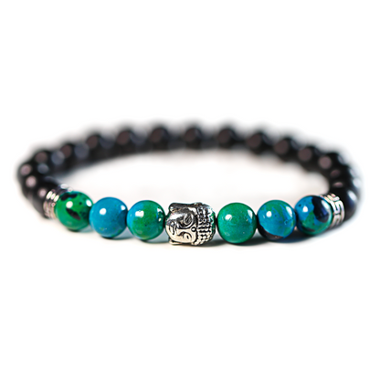 Bracelet Bouddha en Perles de Bois Noir et bleu-vert