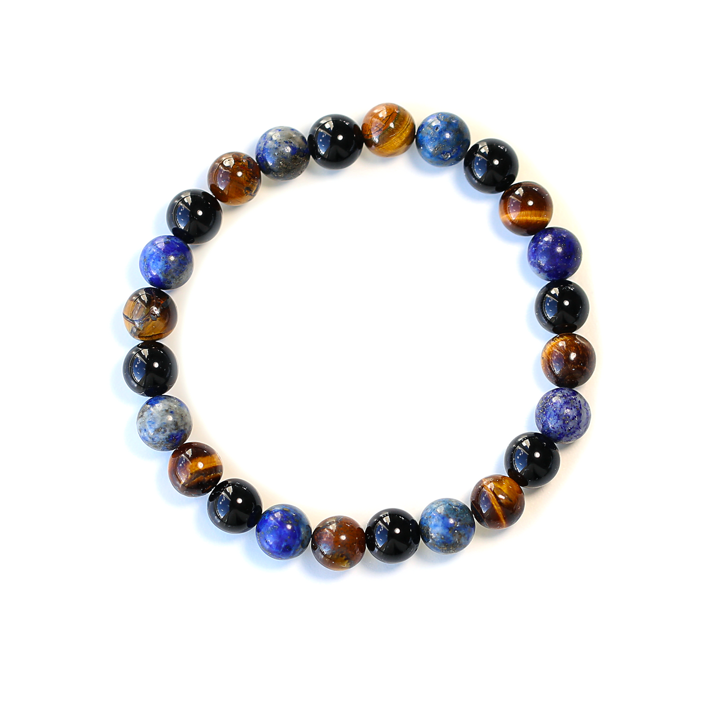 Bracelet Triple Pierres 8mm : Œil de Tigre, Onyx et Lapis Lazuli