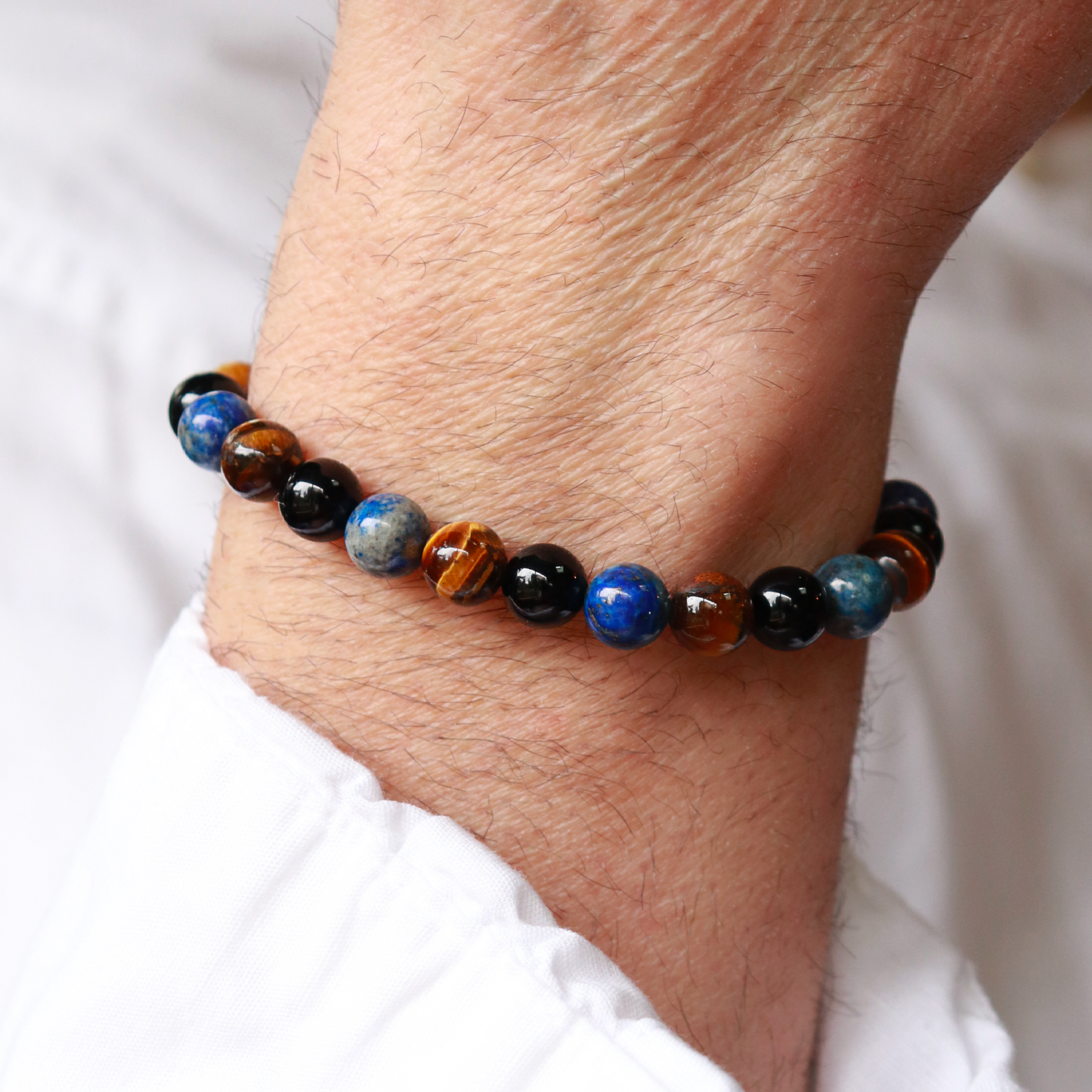 Bracelet Triple Pierres 8mm : Œil de Tigre, Onyx et Lapis Lazuli