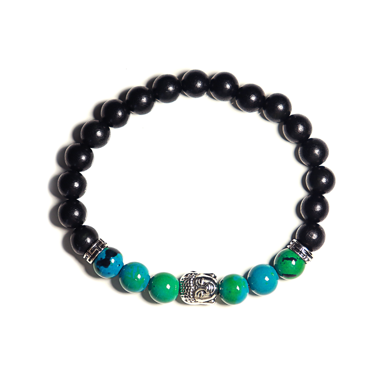 Bracelet Bouddha en Perles de Bois Noir et bleu-vert