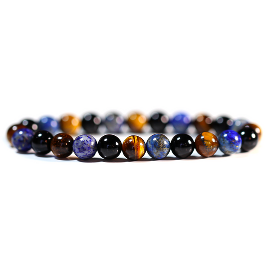 Bracelet Triple Pierres 8mm : Œil de Tigre, Onyx et Lapis Lazuli